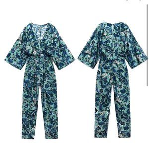 Zara Green/Blue Floral Satin Cropped Jumpsuit (size Large)